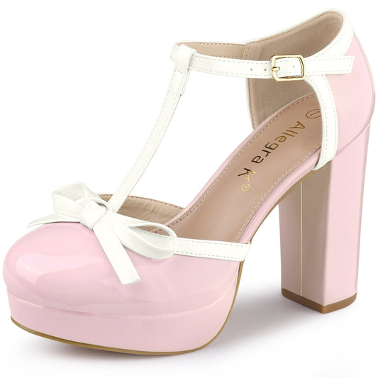 Zapatos de tacón grueso con plataforma y lazo en T para mujer