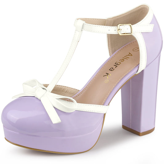 Zapatos de tacón grueso con plataforma y lazo en T para mujer