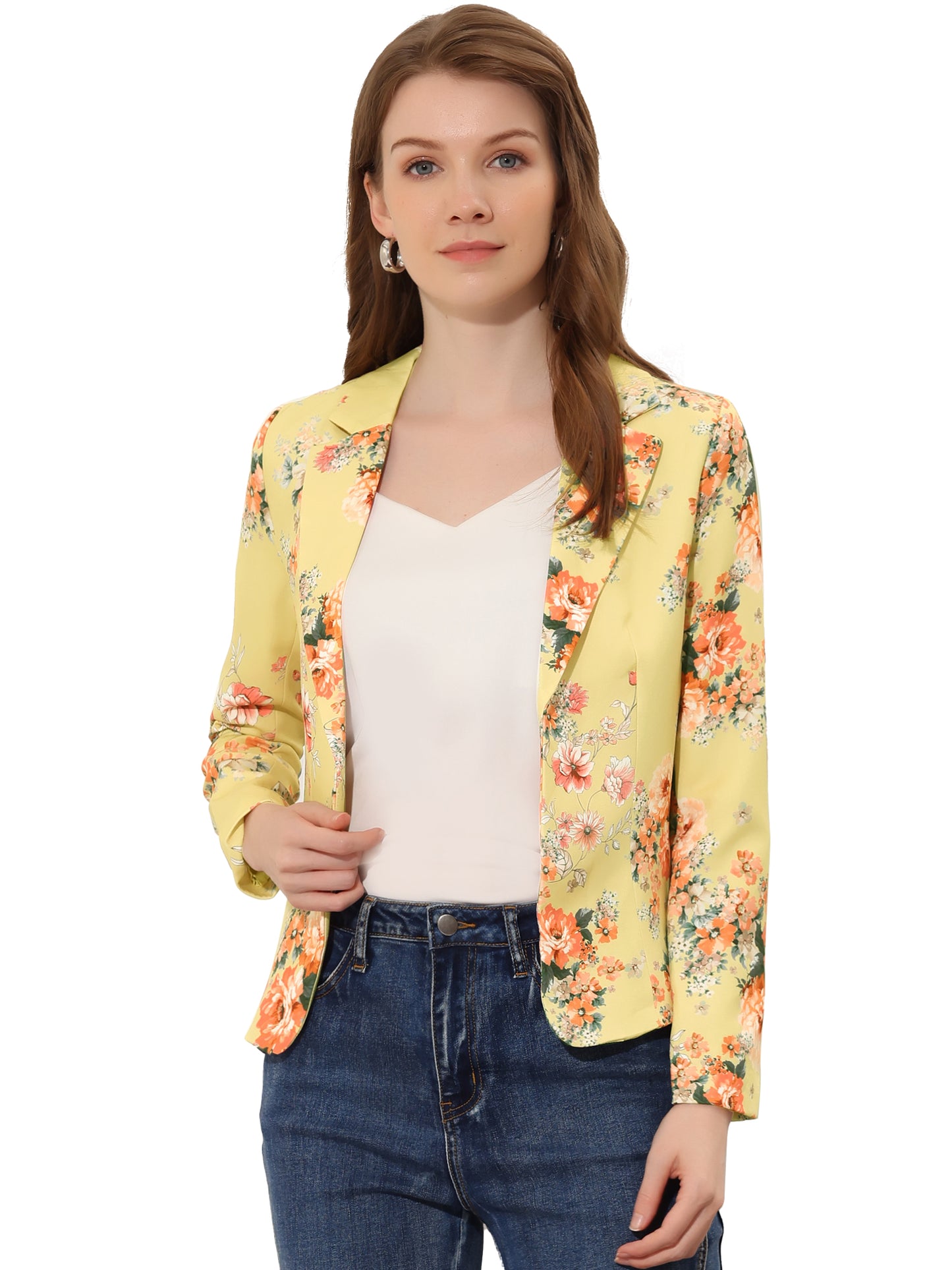 Women's Fitted Blazer Notch Lapel Printed Open Front Suit Jacket (Available in Plus Size)