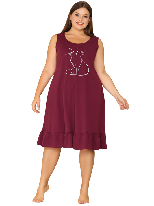 Women Plus Size Sleeveless Nightdress Cute Cat Sleepwear Pajamas Nightgown Loungewear