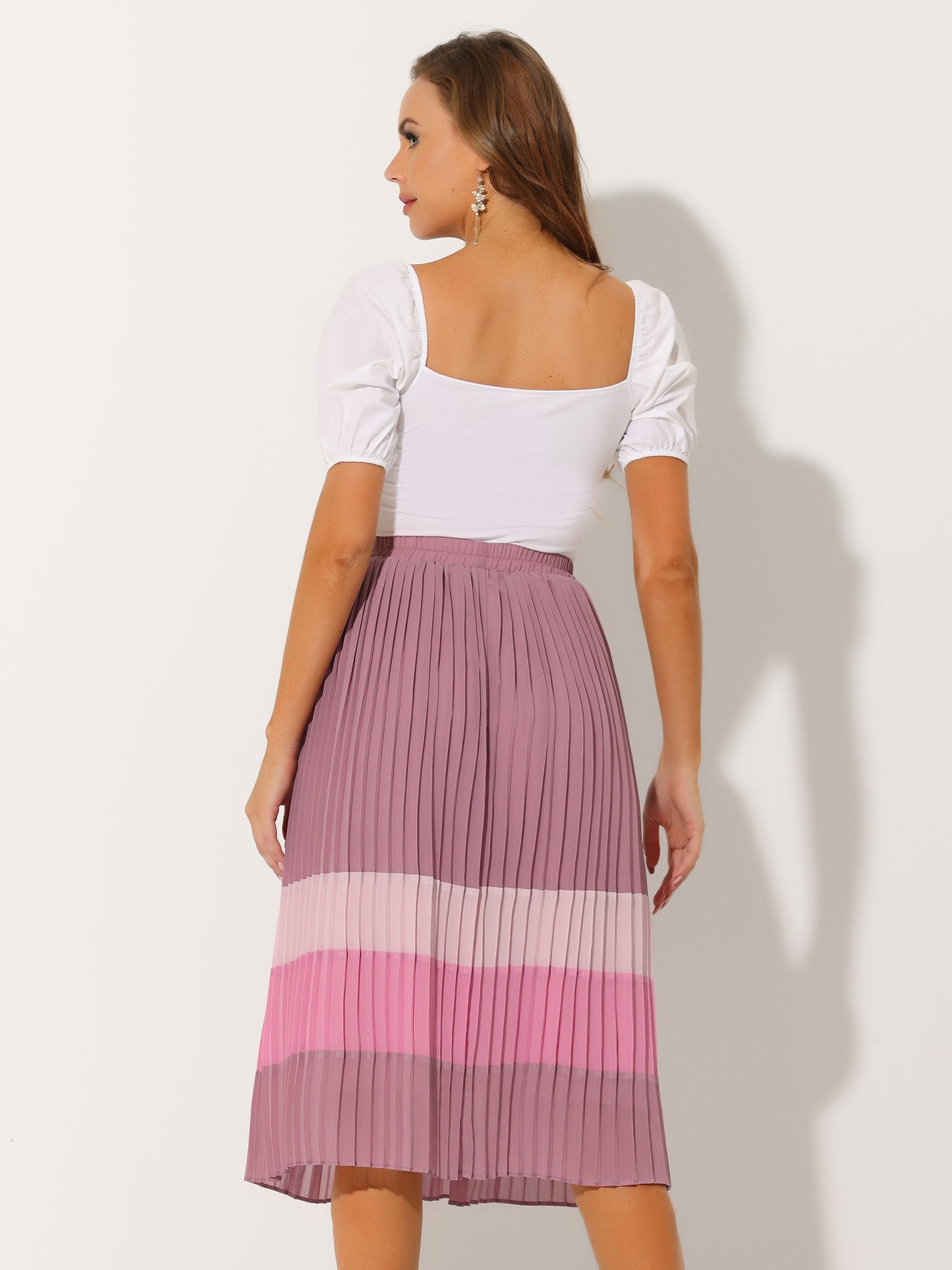 Women's Summer Elastic Waist Color Block A-Line Pleated Chiffon Midi Skirt