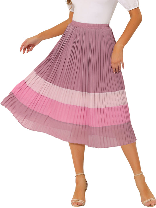 Women's Summer Elastic Waist Color Block A-Line Pleated Chiffon Midi Skirt