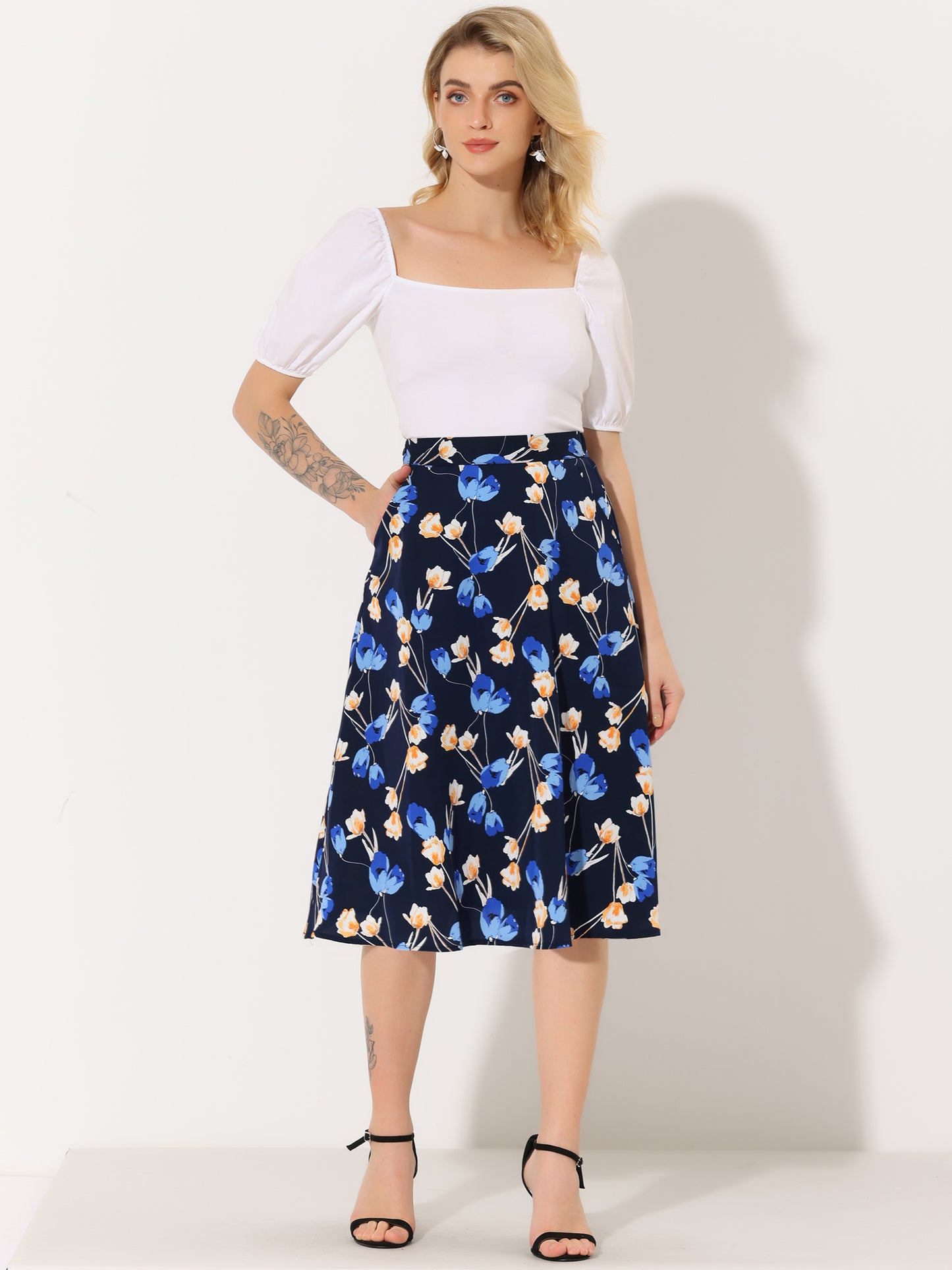 Falda midi de gasa con estampado floral para mujer, corte A, verano