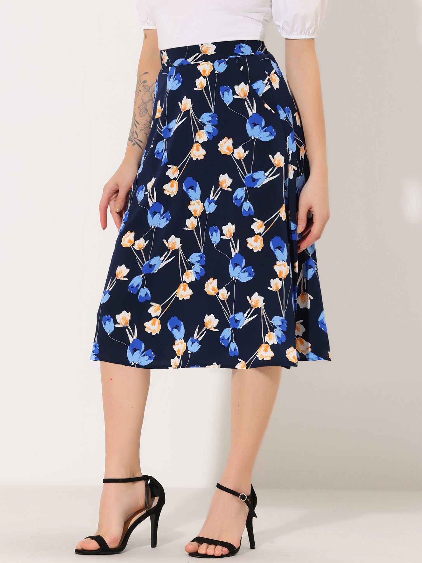 Falda midi de gasa con estampado floral para mujer, corte A, verano