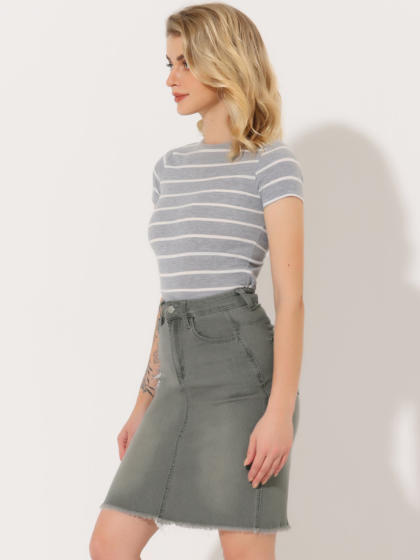 Falda vaquera básica desgastada con cintura alta y dobladillo rasgado para mujer