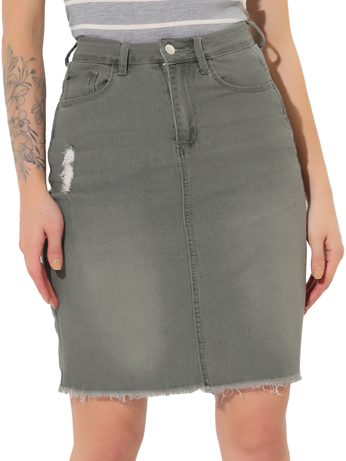 Falda vaquera básica desgastada con cintura alta y dobladillo rasgado para mujer