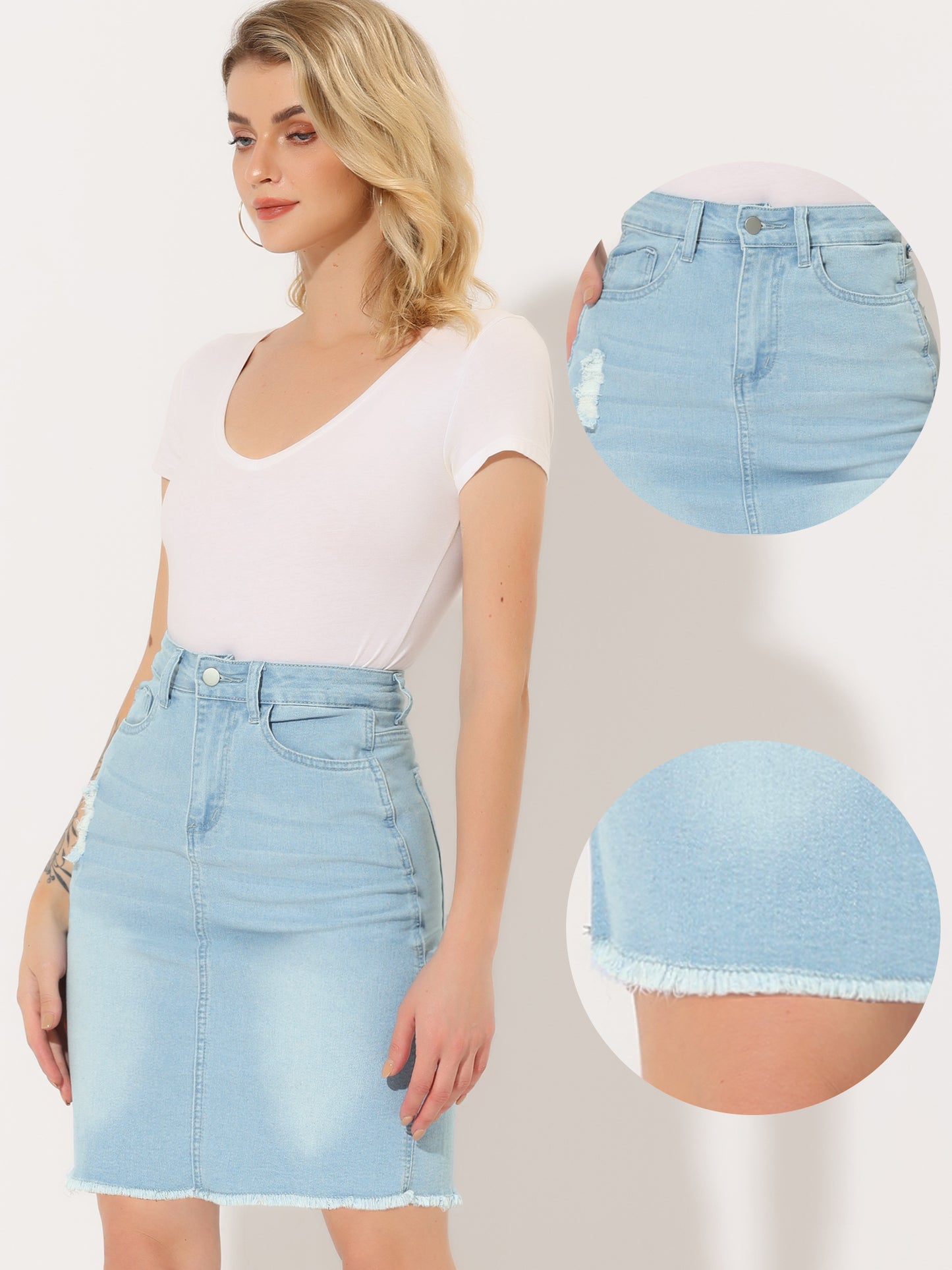 Women's Casual Distressed Knee Length Denim Skirt
