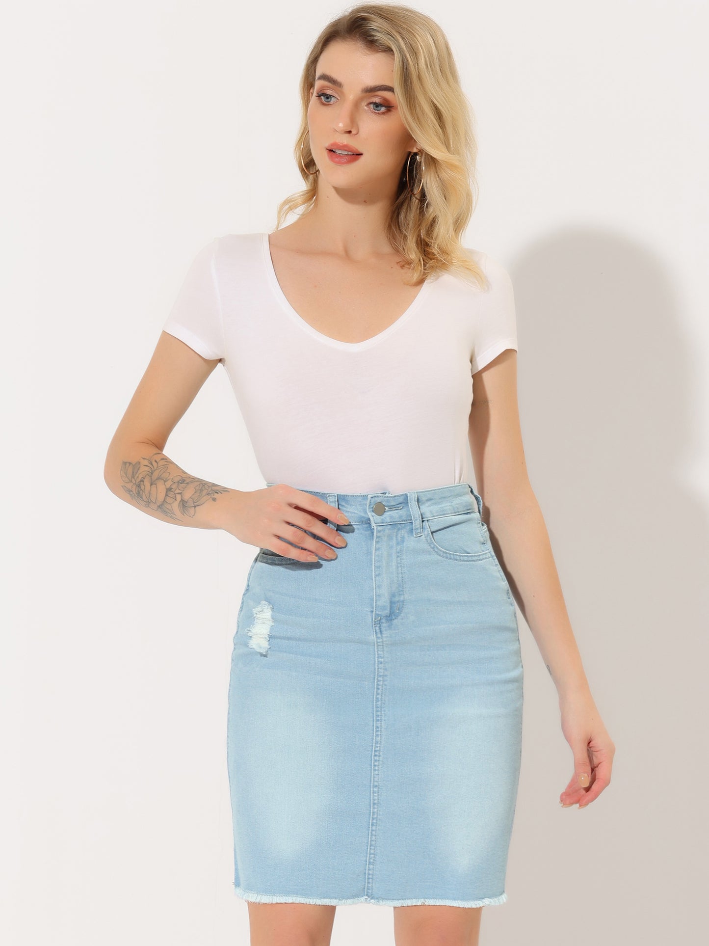 Women's Casual Distressed Knee Length Denim Skirt