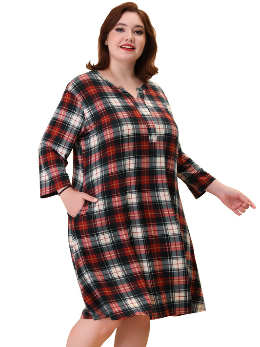 Women Plus Size Nightgown Plaid V Neck Lounge Sleep Dress Nightgowns