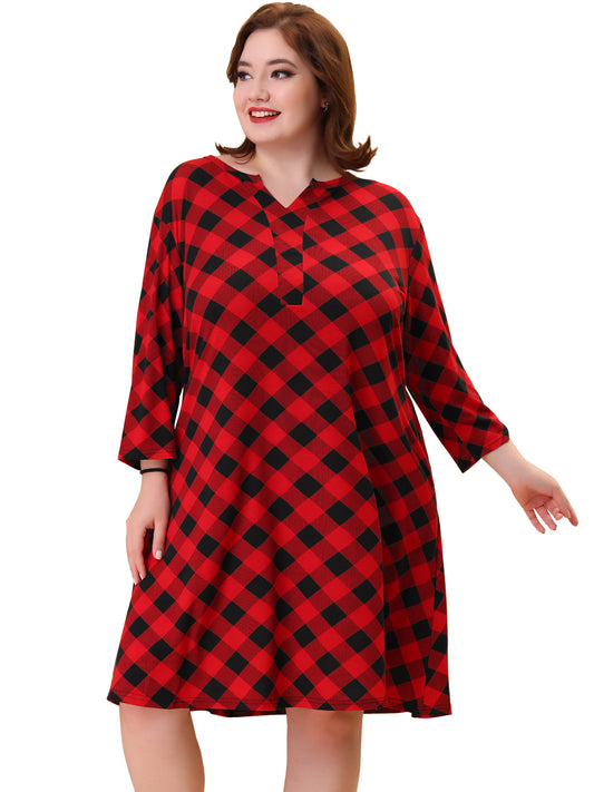 Camisón de talla grande para mujer, a cuadros, con cuello en V, para dormir