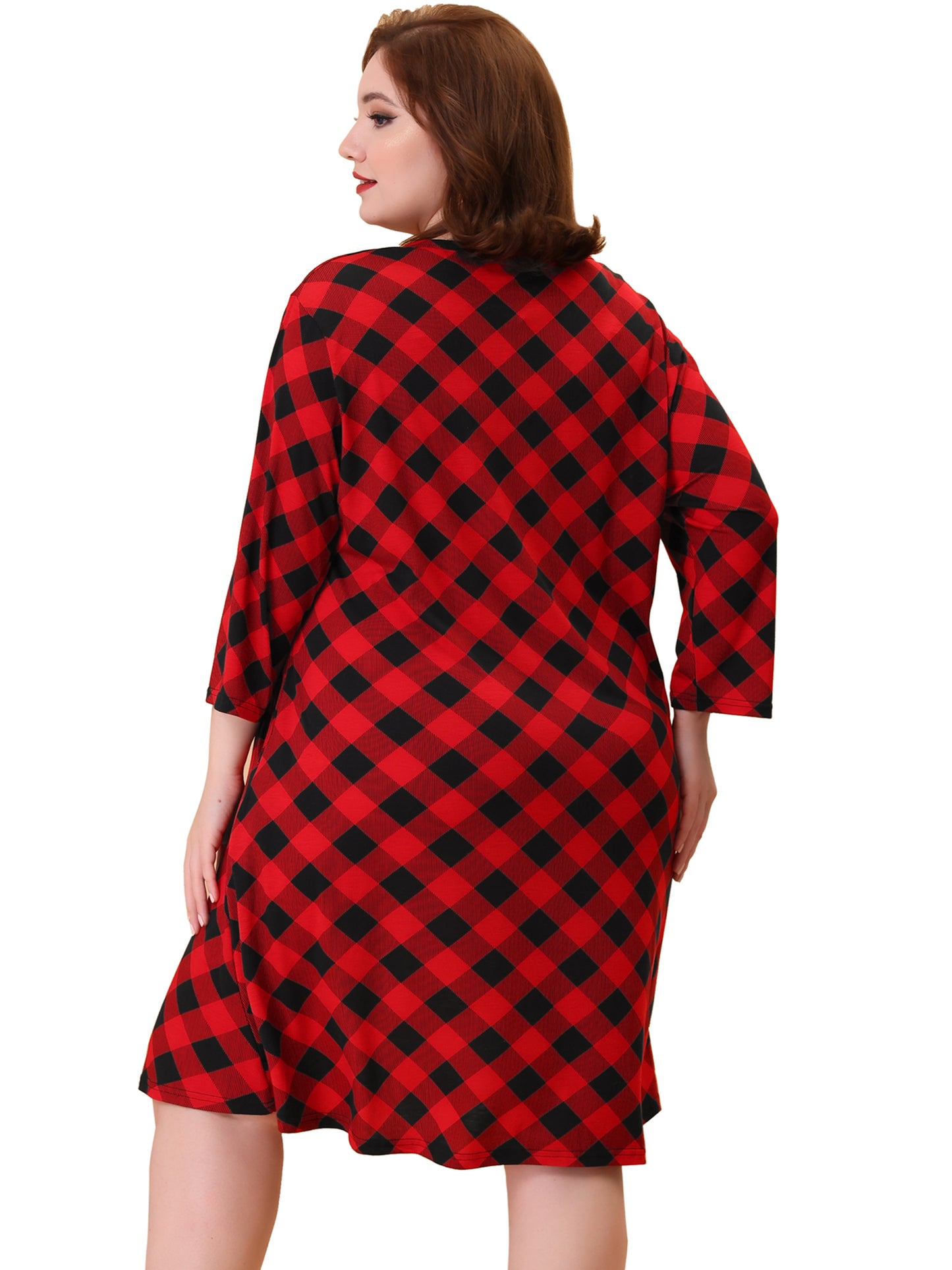 Camisón de talla grande para mujer, a cuadros, con cuello en V, para dormir
