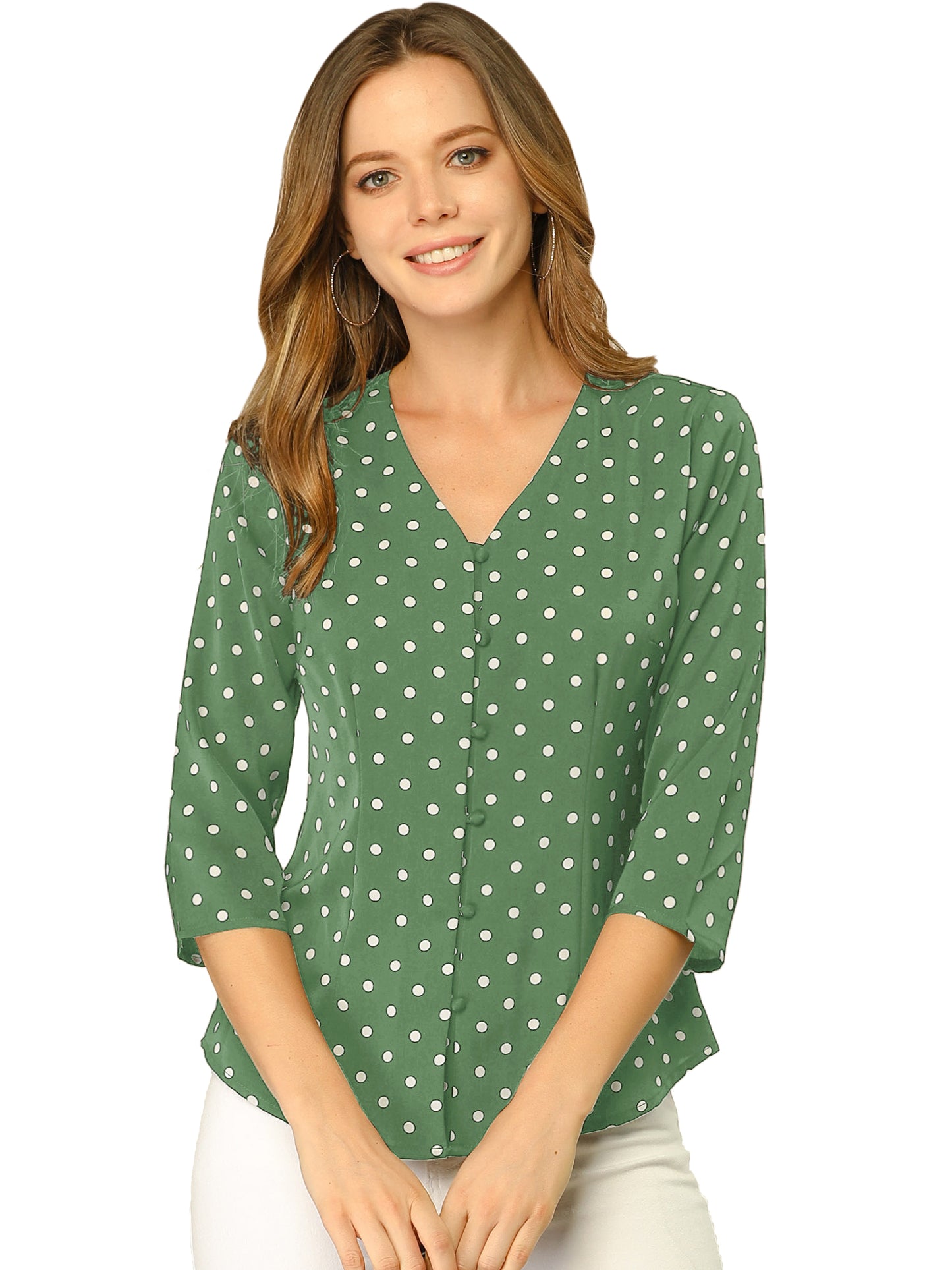 Women's Polka Dots 3/4 Sleeve Button Front V Neck Blouse Shirt (Available in Plus Size)