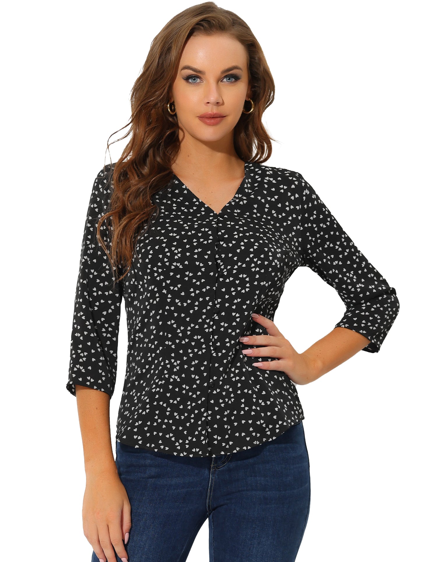 Women's Polka Dots 3/4 Sleeve Button Front V Neck Blouse Shirt (Available in Plus Size)