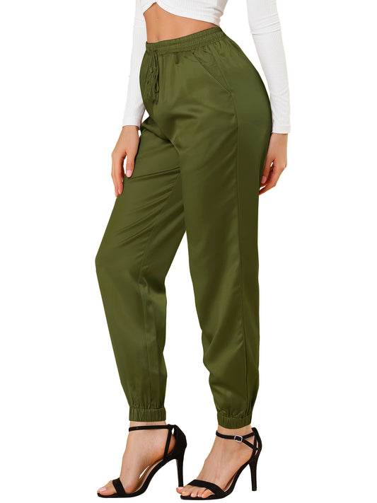 Women's Drawstring Elastic Waist Athleisure Pants Casual Ankle Length Satin Joggers with Pocket