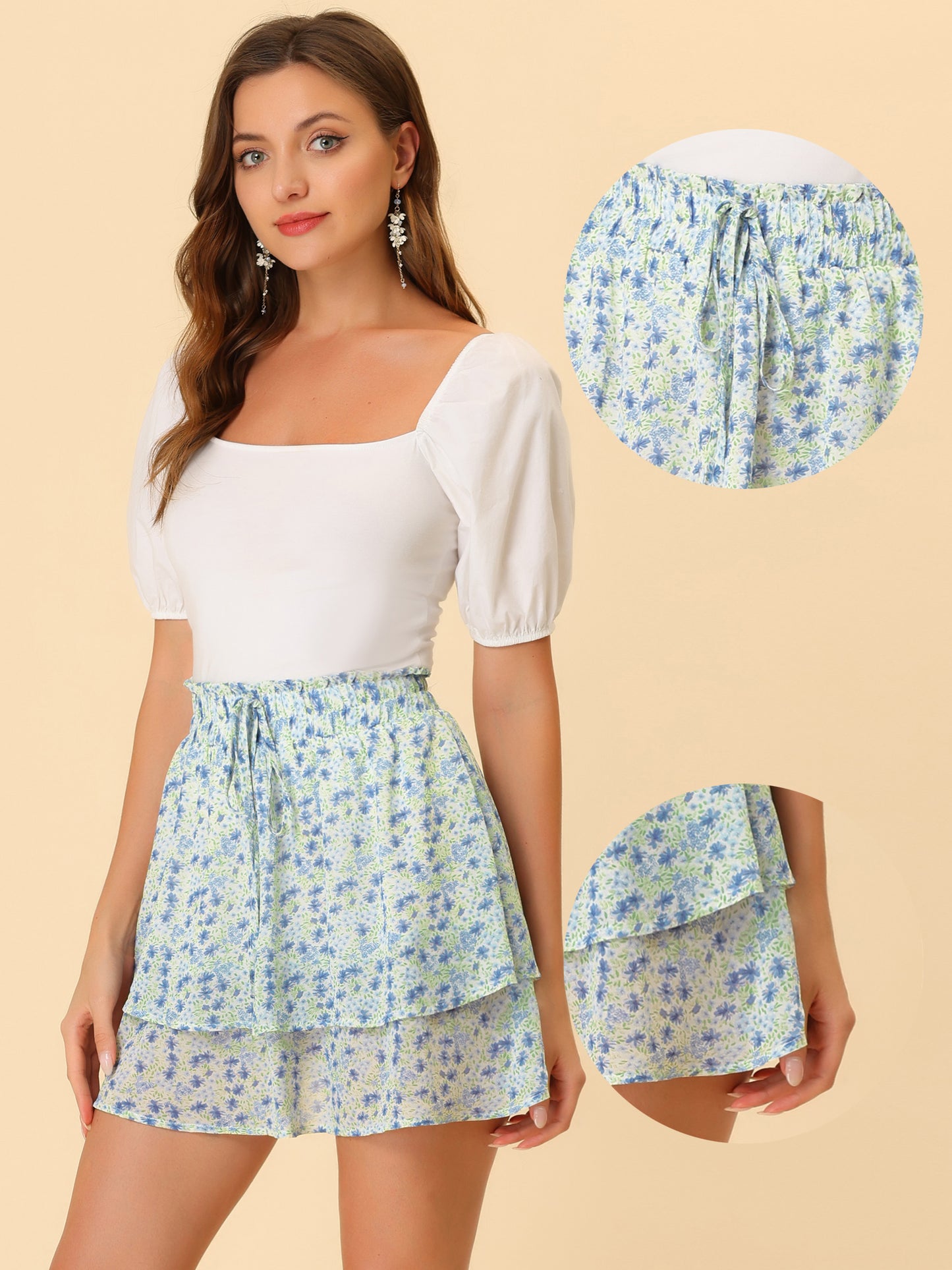 Women's Summer Floral Skirts Smocked Waist Ruffle Hem Layered Mini Chiffon Skirt