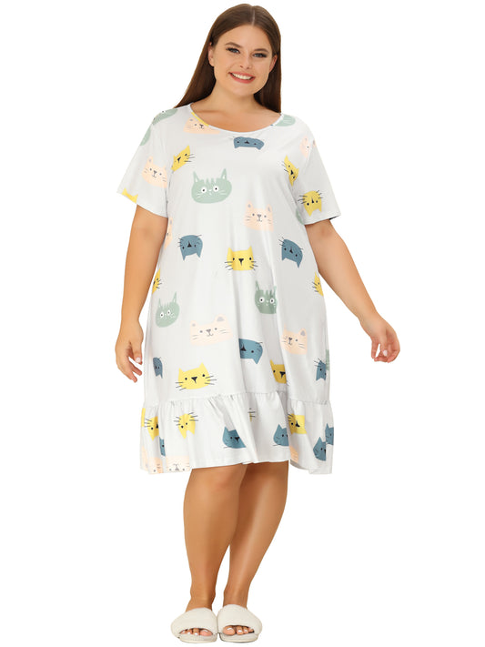 Women Plus Size Nightgowns Short Sleeve Sleepwear Cute Cat Midi Sleepdress Nightdress
