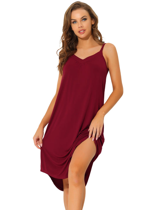 cheibear Pajama V Neck Nightdress Stretchy Lounge Cami Dress Red