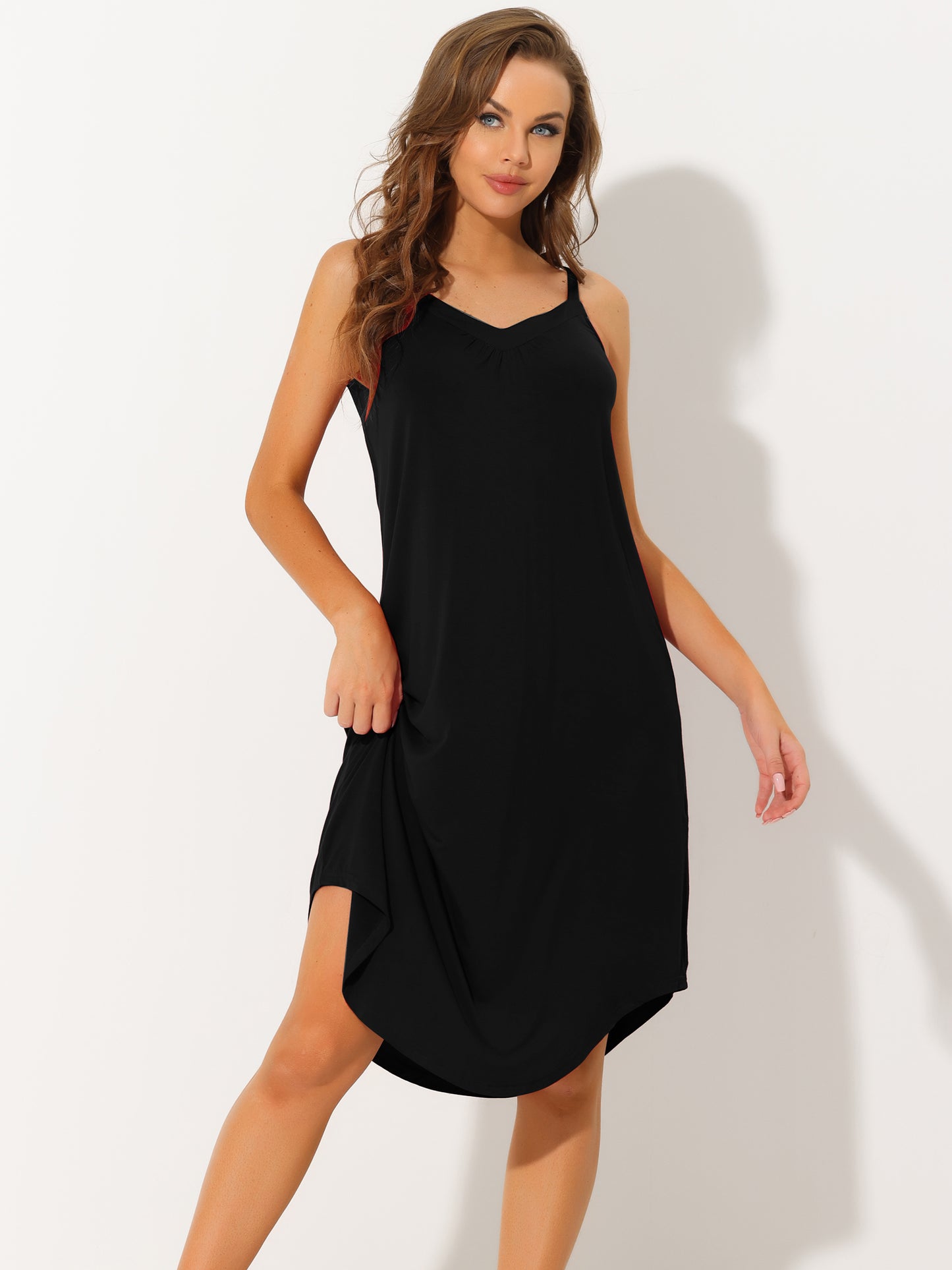 cheibear Pajama V Neck Nightdress Stretchy Lounge Cami Dress Black