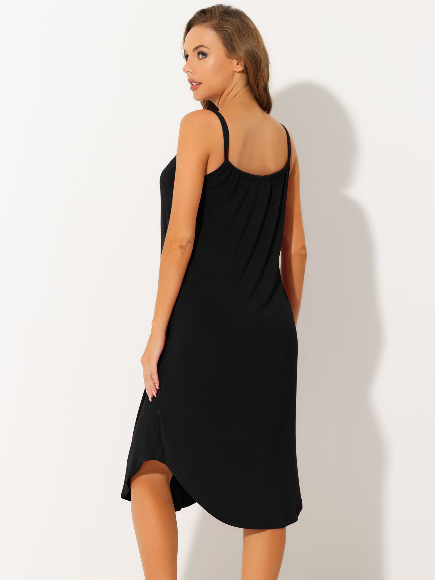 cheibear Pajama V Neck Nightdress Stretchy Lounge Cami Dress Black