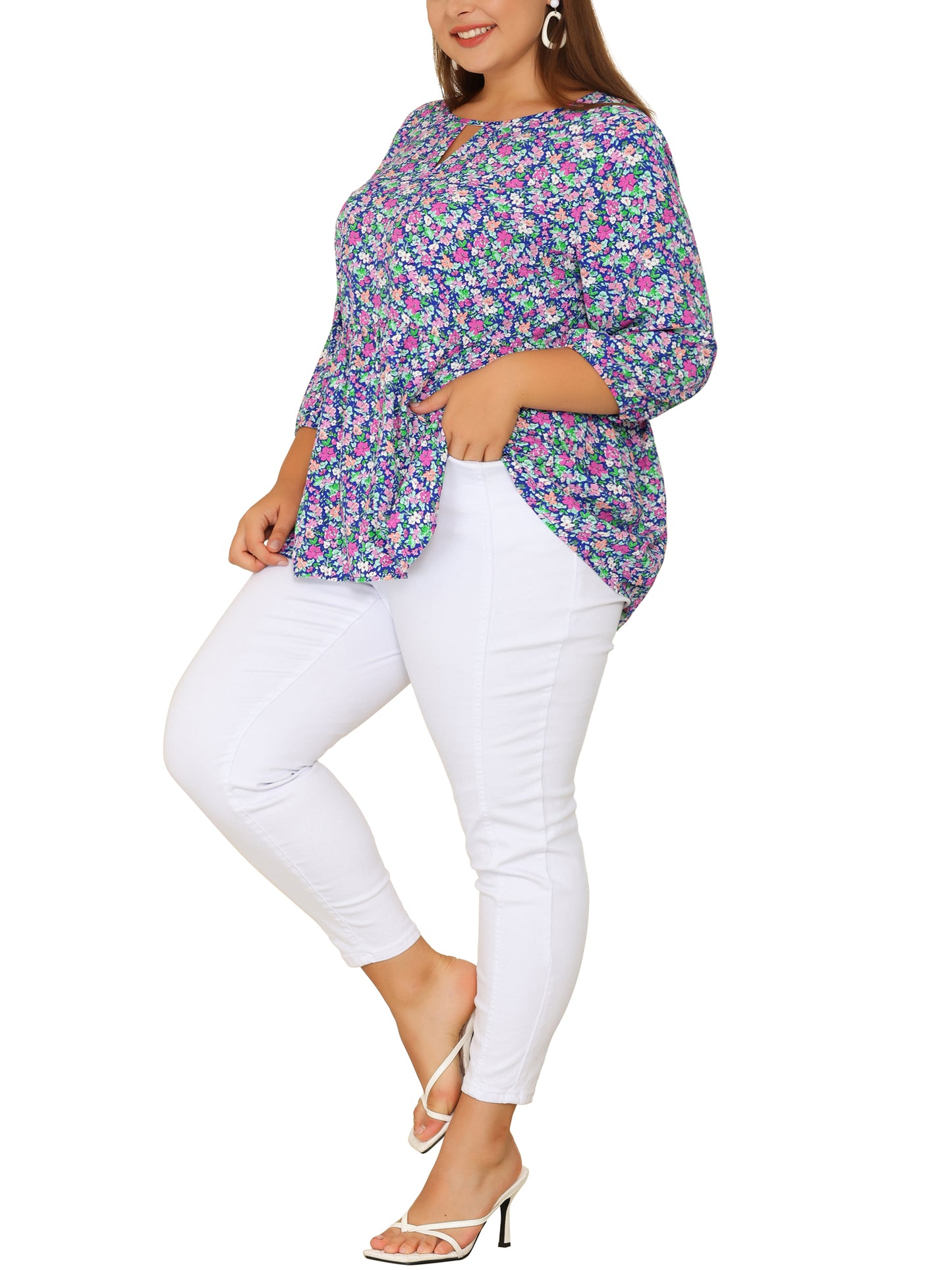 Women's Plus Size 3/4 Sleeves Babydoll Chiffon Keyhole Floral Flowy Blouse