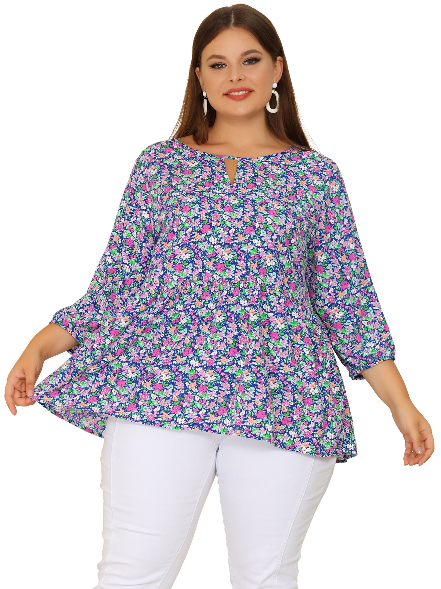 Women's Plus Size 3/4 Sleeves Babydoll Chiffon Keyhole Floral Flowy Blouse
