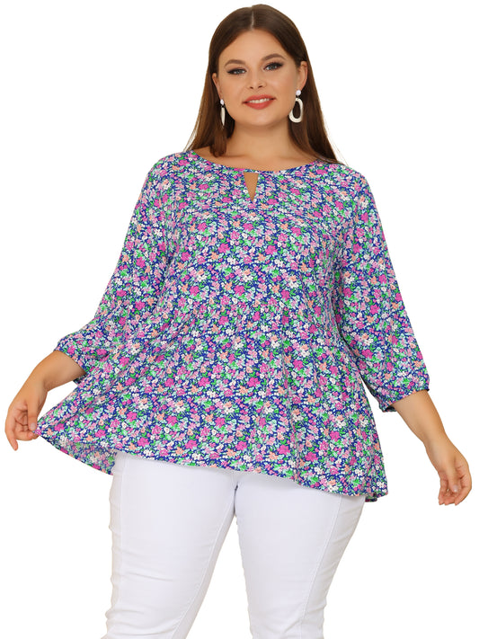 Women's Plus Size 3/4 Sleeves Babydoll Chiffon Keyhole Floral Flowy Blouse