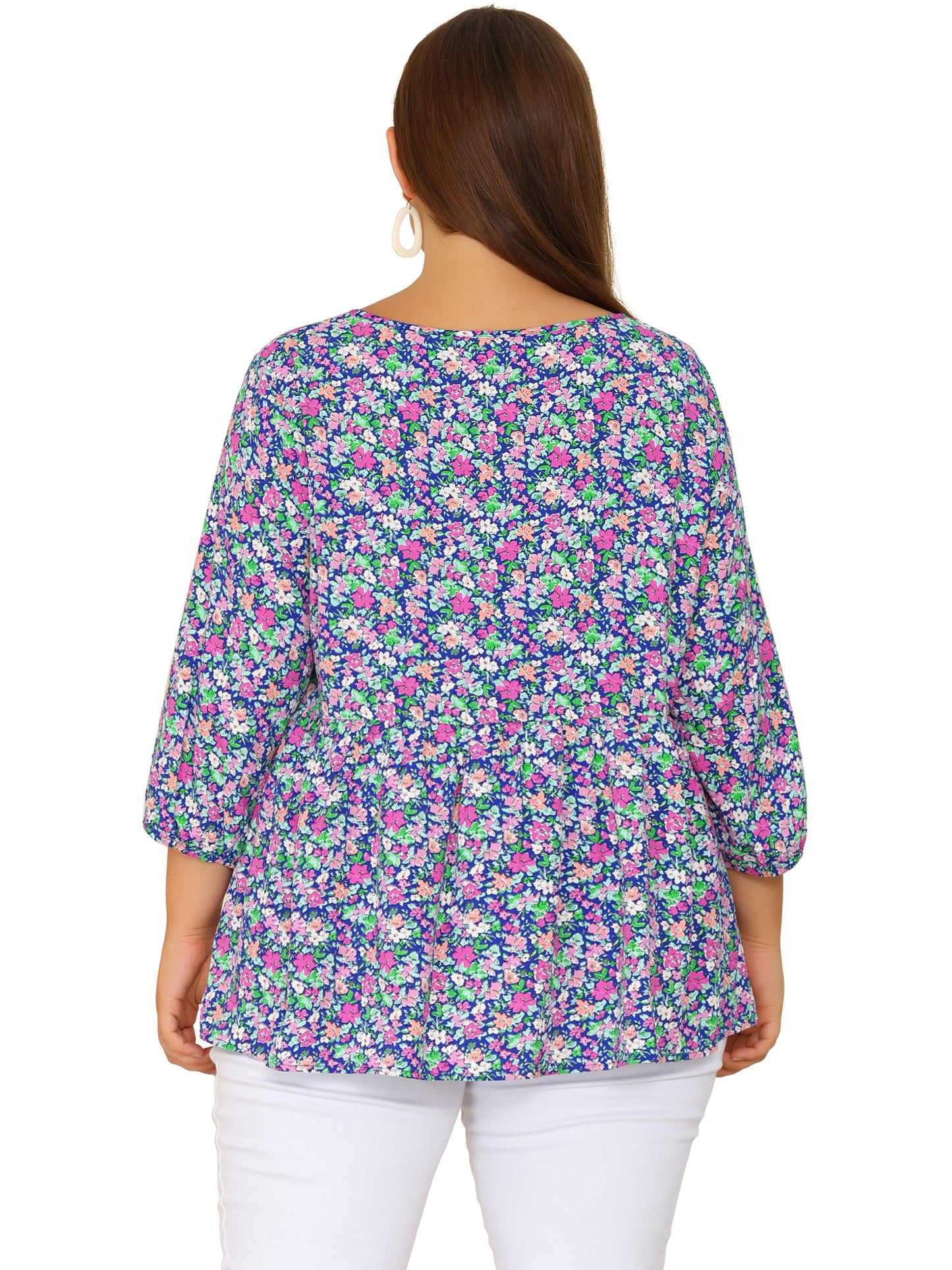 Women's Plus Size 3/4 Sleeves Babydoll Chiffon Keyhole Floral Flowy Blouse