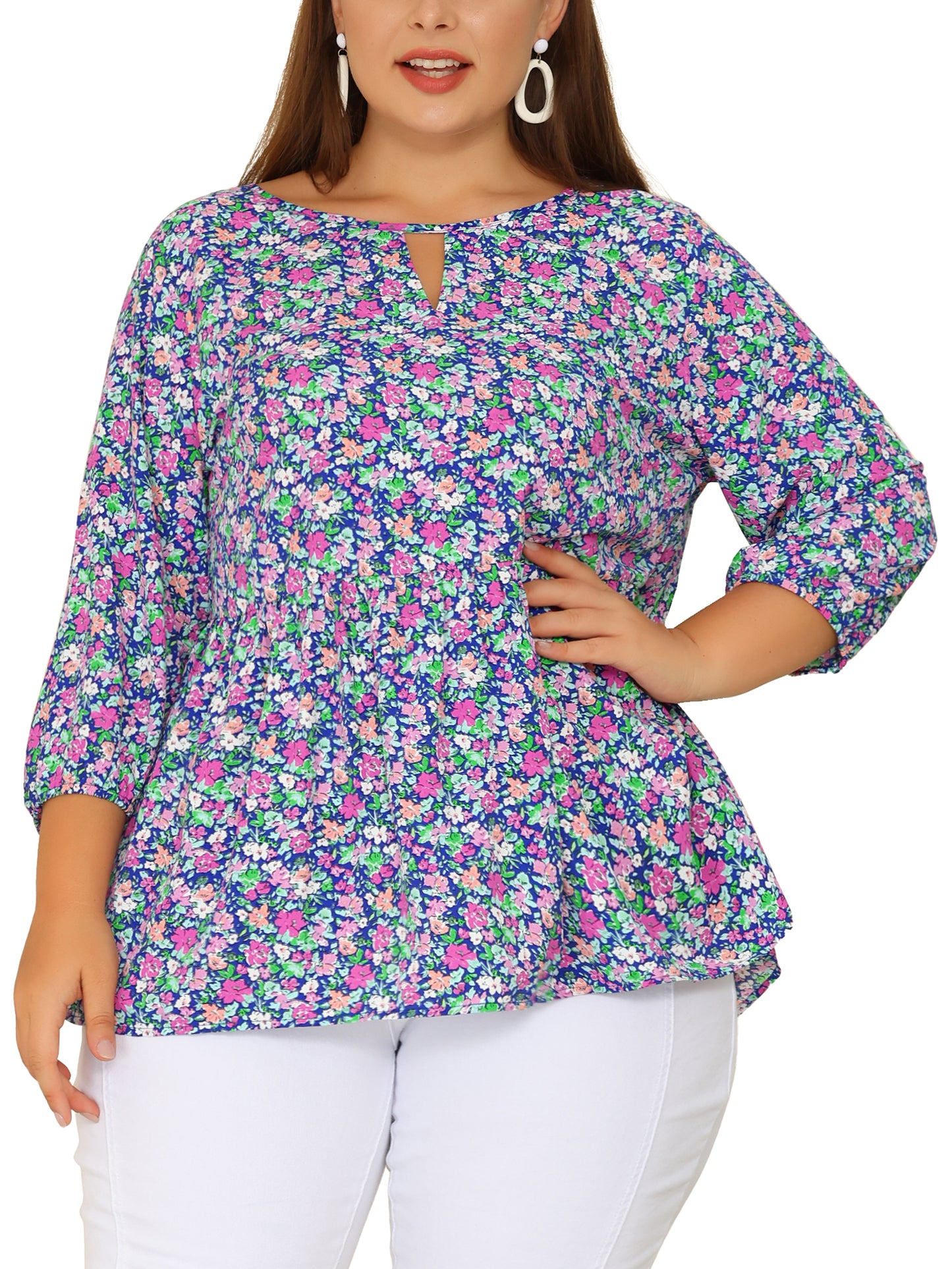 Women's Plus Size 3/4 Sleeves Babydoll Chiffon Keyhole Floral Flowy Blouse