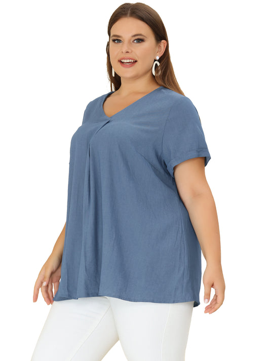 Women Plus Size Blouse Chambray Pleat Front V Neck Short Sleeve Work Shirt