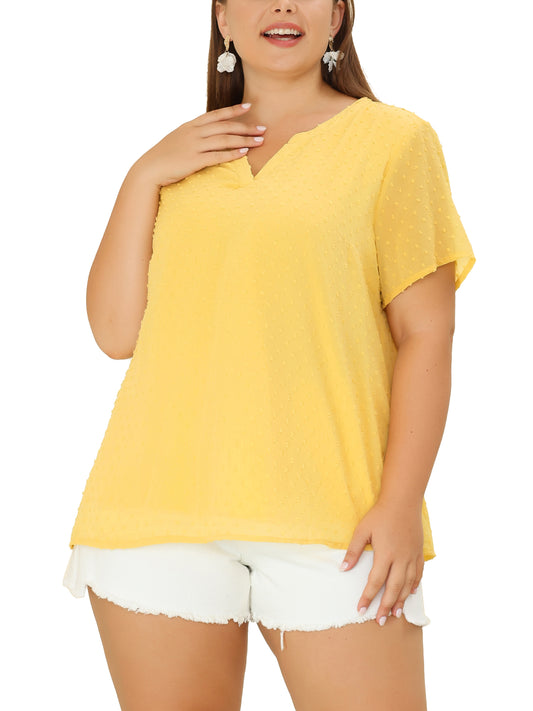 Women Plus Size Summer Top Swiss Dots Notched Neck Short Sleeve Blouse