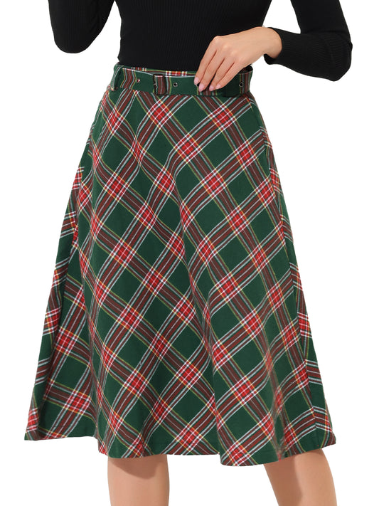 Women's Tartan Plaid High Waist Belted Vintage A-Line Midi Skirt