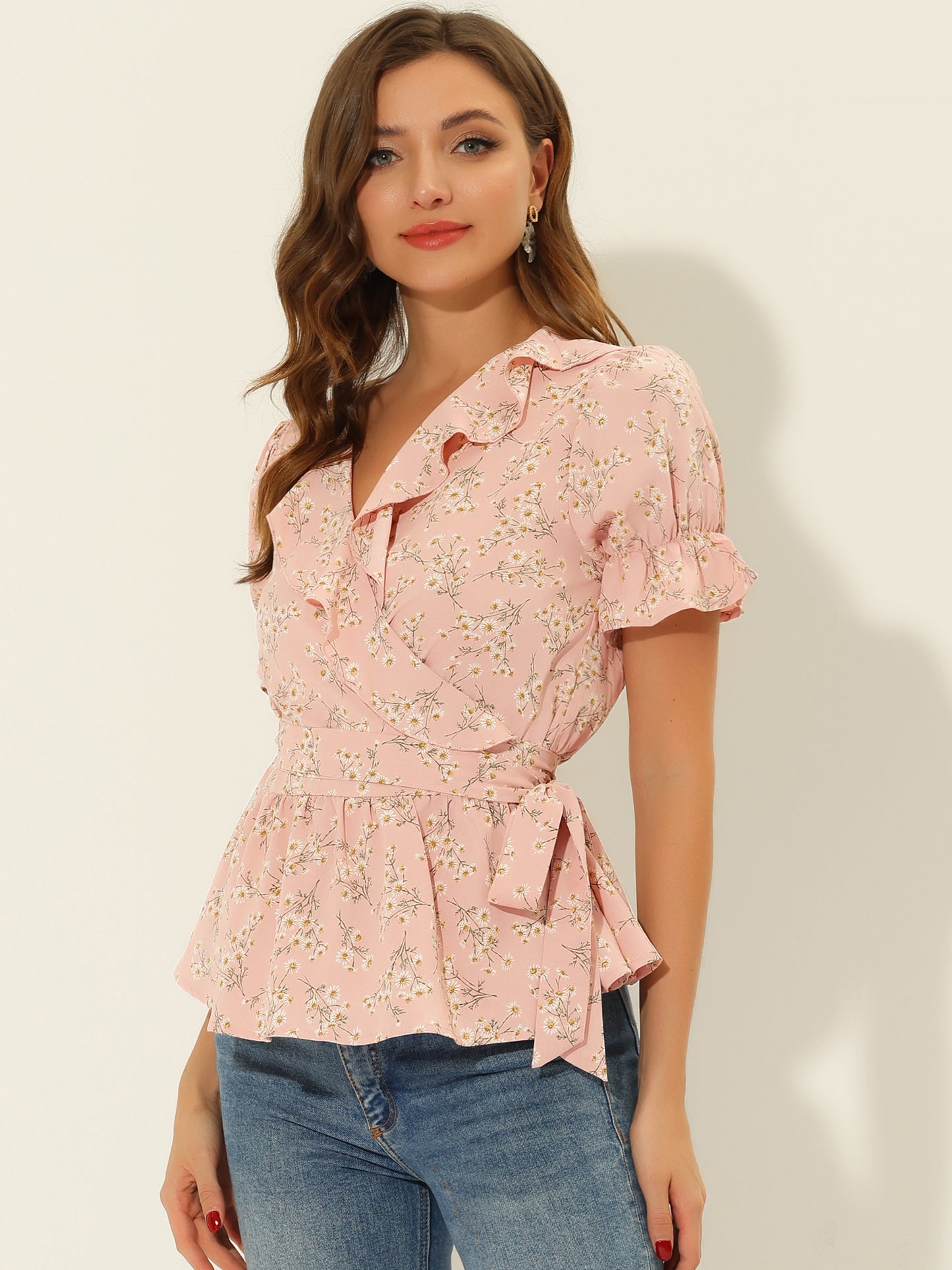 Women's Peplum Top Crossover V Neck Ruffle Wrap Blouse