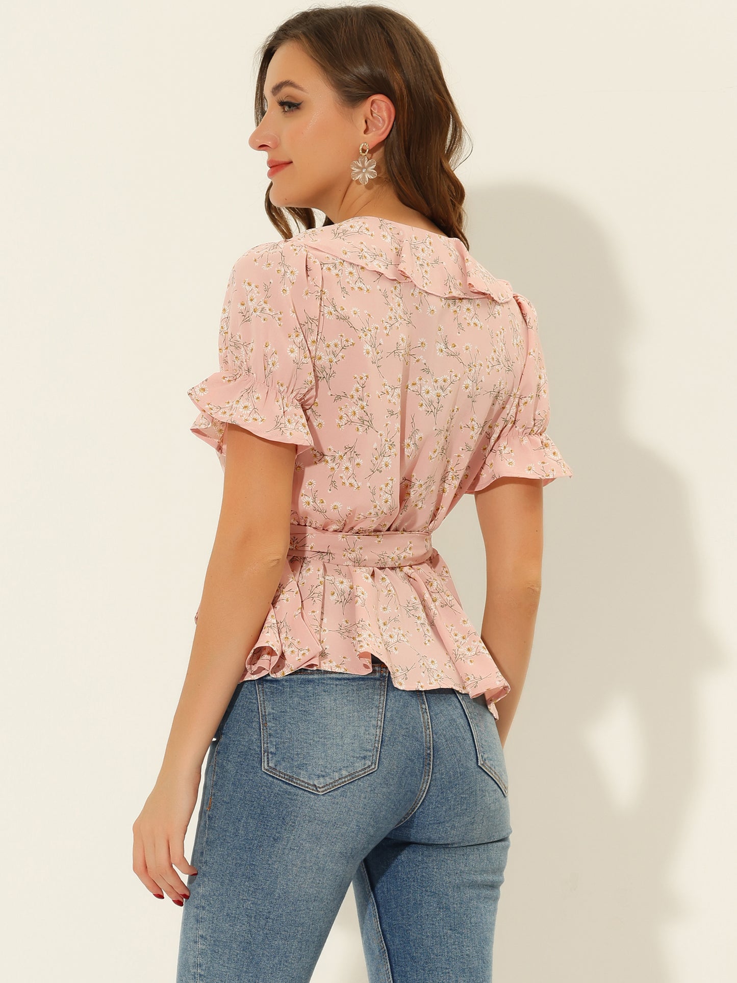 Women's Peplum Top Crossover V Neck Ruffle Wrap Blouse