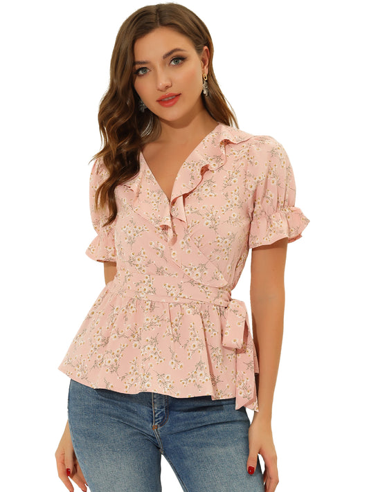 Women's Peplum Top Crossover V Neck Ruffle Wrap Blouse