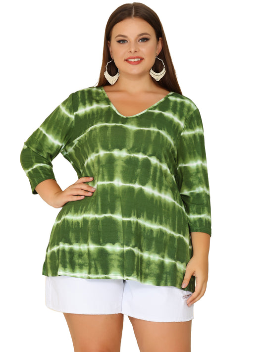 Women Plus Size T Shirt V Neck 3/4 Sleeve Loose Casual Blouse Striped Tie Dye Print