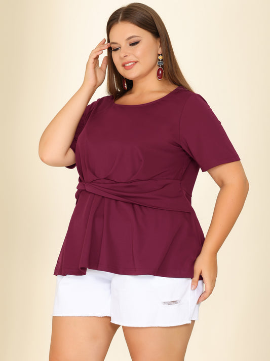 Women's Plus Size Short Sleeves Twisted Knot Front Peplum Top