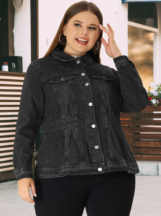 Chaqueta vaquera de talla grande para mujer, de manga larga, con botones y parte delantera lavada, estilo camionero