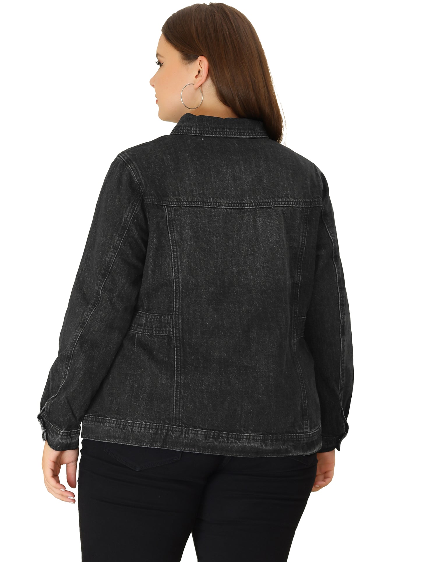 Women Plus Size Denim Jacket Long Sleeve Button Down Washed Front Trucker Jean Jacket