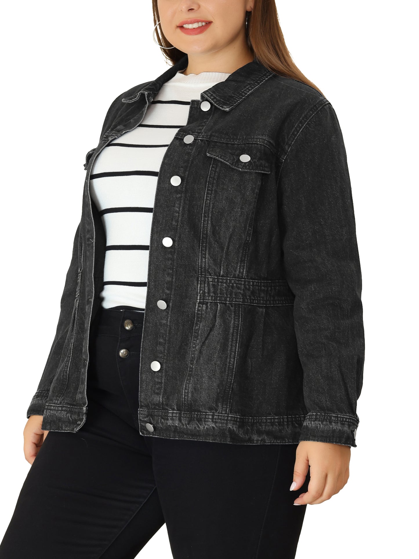 Women Plus Size Denim Jacket Long Sleeve Button Down Washed Front Trucker Jean Jacket