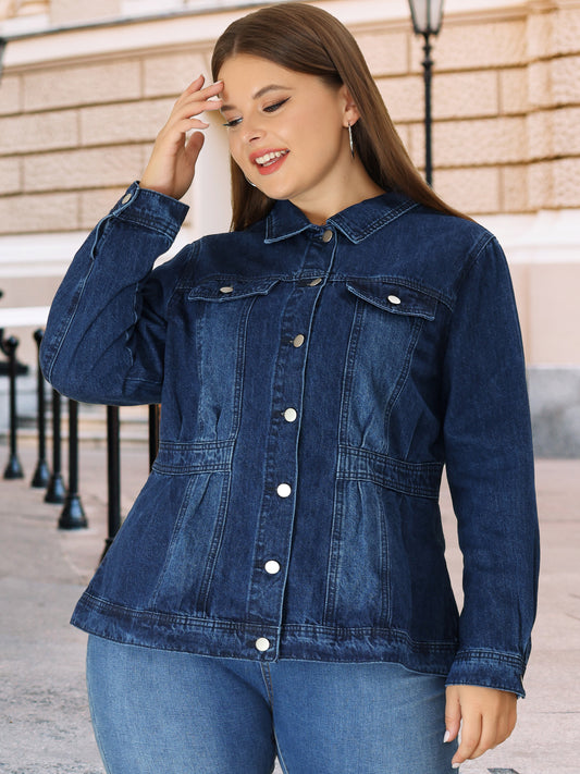 Women Plus Size Denim Jacket Long Sleeve Button Down Washed Front Trucker Jean Jacket