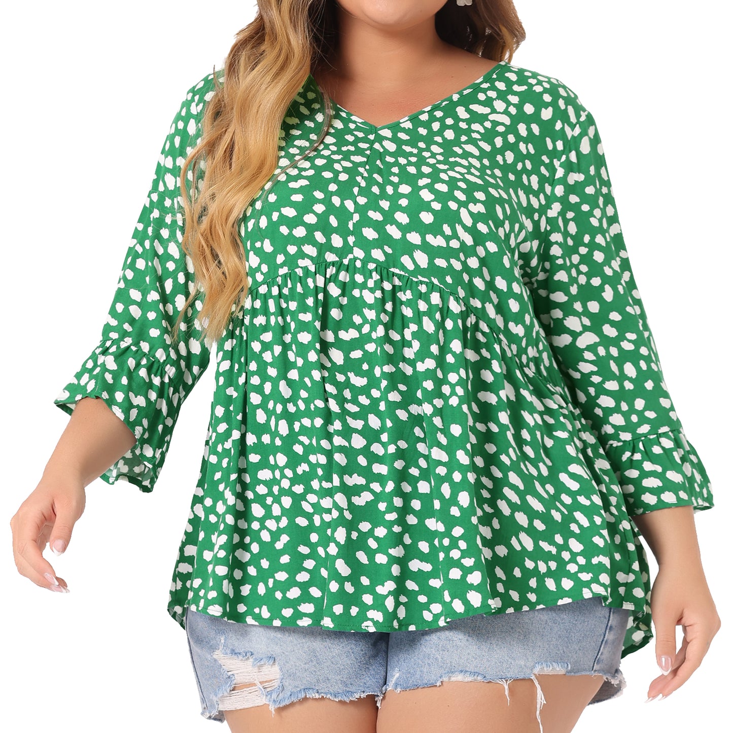 Women Plus Size Polka Dots Blouses V Neck 3/4 Ruffle Sleeve Peplum Top