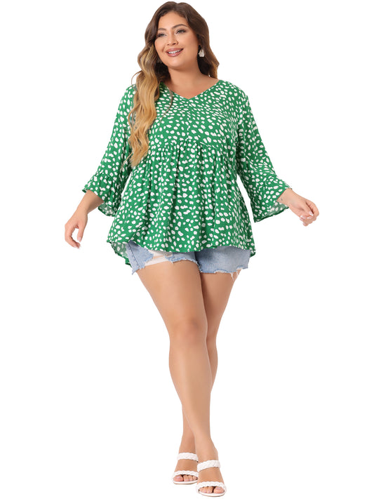 Women Plus Size Polka Dots Blouses V Neck 3/4 Ruffle Sleeve Peplum Top