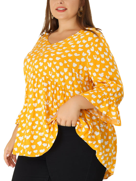 Women Plus Size Polka Dots Blouses V Neck 3/4 Ruffle Sleeve Peplum Top