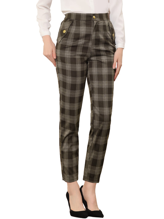 Women's Retro Tartan Plaid Pants Elastic Waist Straight Long Trousers