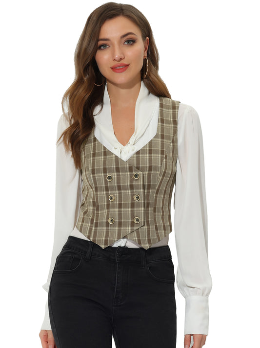 Women's Plaid Vest Vintage Retro Steampunk Double Breasted Suit Waistcoat