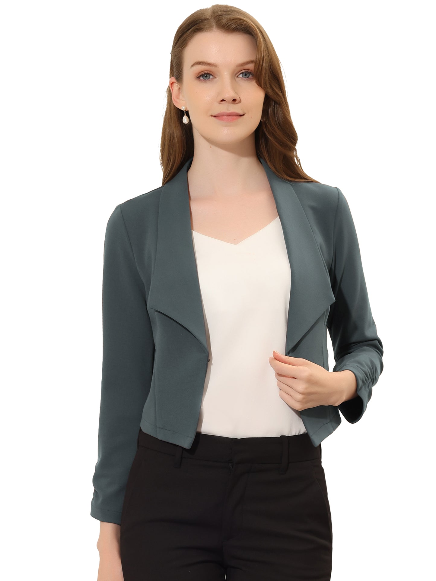 Women's Notched Lapel Ruched Sleeve Business Cropped Blazer (Available in Plus Size)