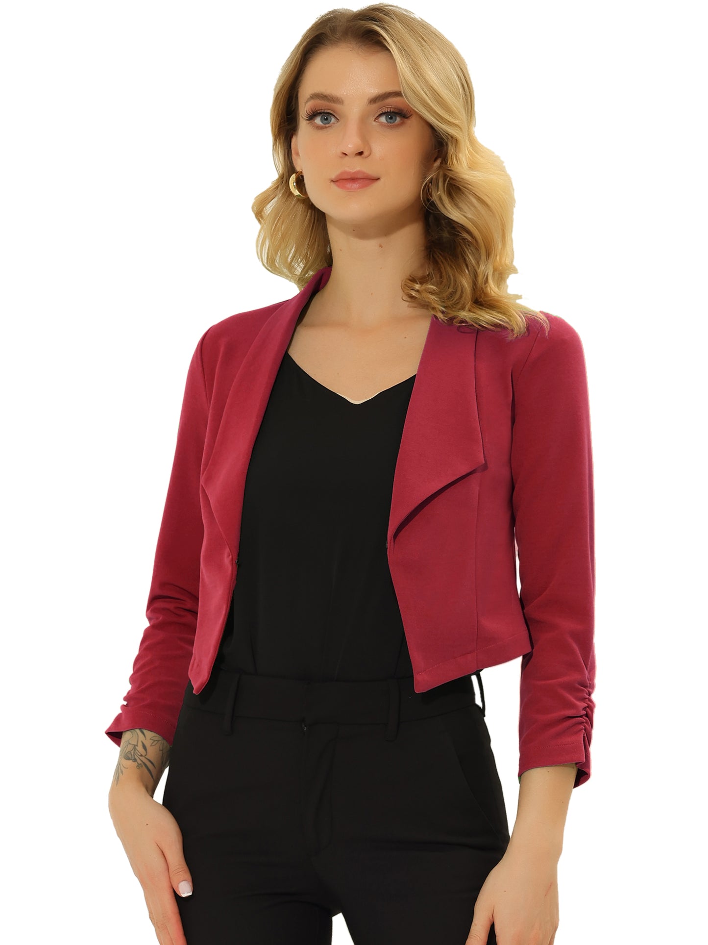 Women's Notched Lapel Ruched Sleeve Business Cropped Blazer (Available in Plus Size)