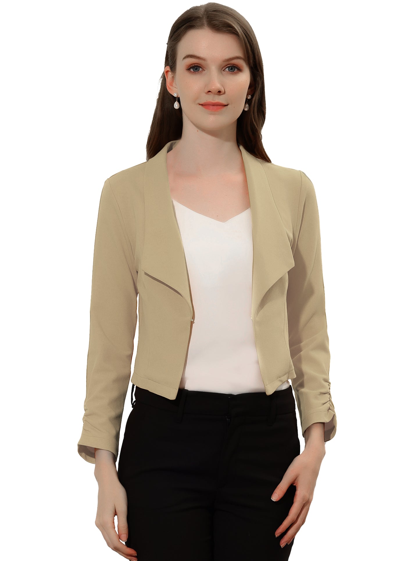 Women's Notched Lapel Ruched Sleeve Business Cropped Blazer (Available in Plus Size)