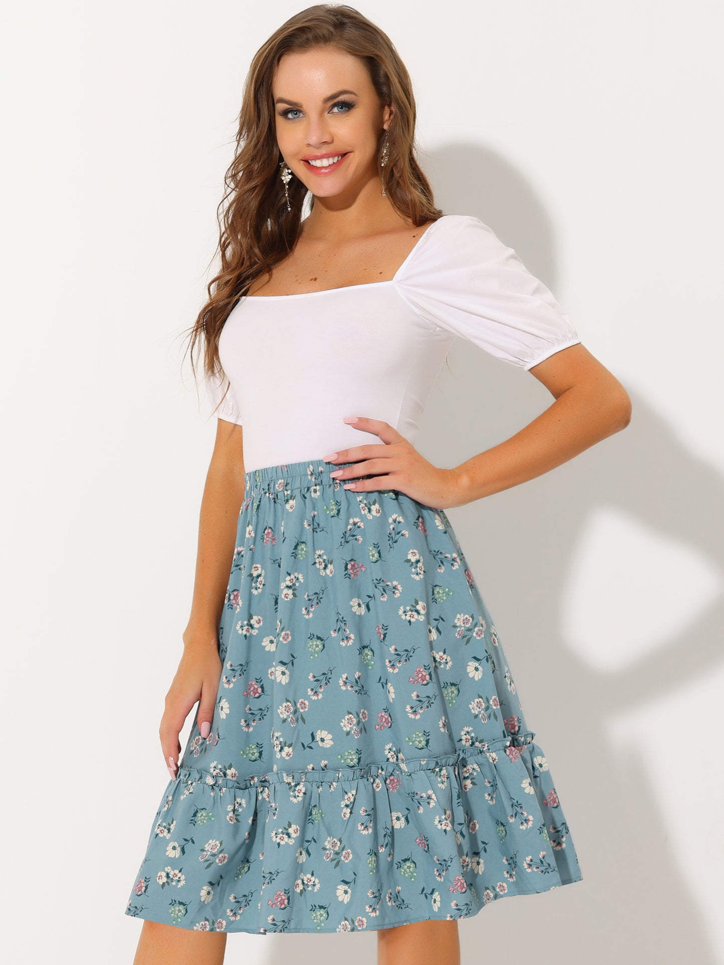 Falda de mujer hasta la rodilla con estampado floral, cintura elástica, fluida, con volantes en forma de A y capas