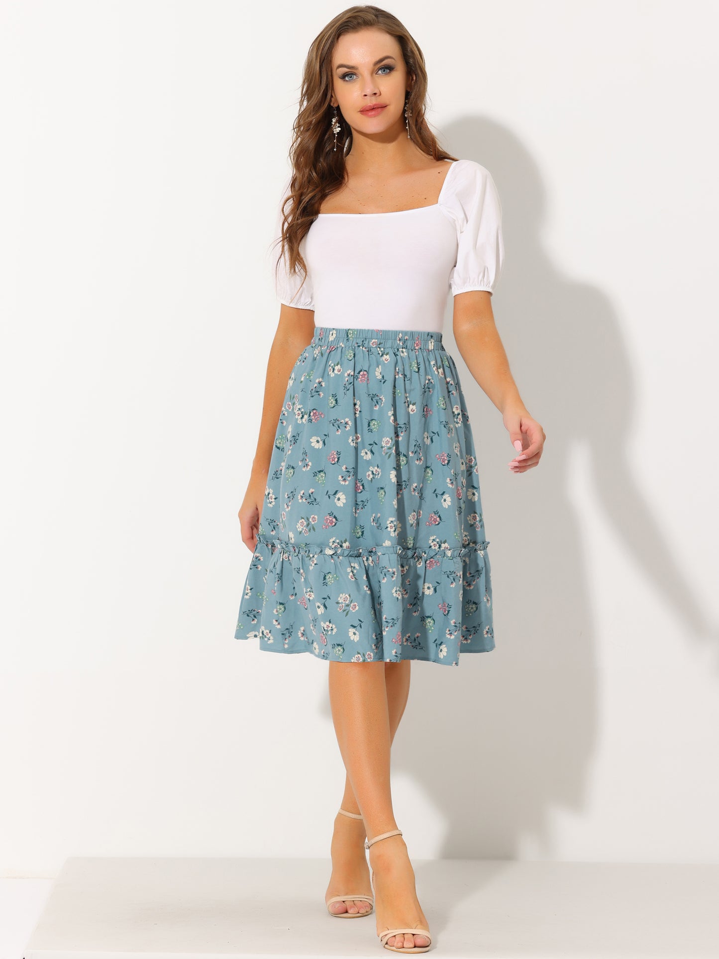 Falda de mujer hasta la rodilla con estampado floral, cintura elástica, fluida, con volantes en forma de A y capas